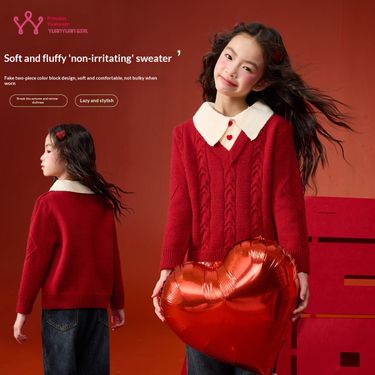 Yuanyuan Princess Clothing Girls' Warm Two-Piece 25 Winter Big Kids Christmas Sweater Children's New Year Outfit_voghion.com