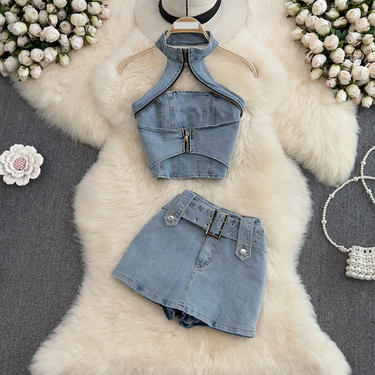 Women's Clothing Hot Girl Fashion Suit Women's Halter Backless Slim Short Denim Top Two-piece Set High Waist Wide Leg Shorts Skirt_voghion.com