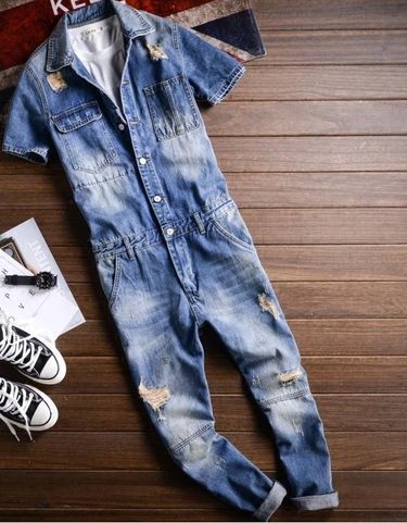 Cousin Tan's Progress In One-piece Work Pants, Retro Distressed Jeans, Nostalgic Nine Point Overalls Set, Short Sleeved Men_voghion.com