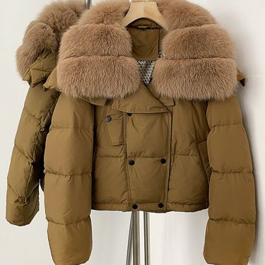 Luxury Short Down Jacket For Women With Real Fox Fur Collar, 96% White Duck Feather Fill, Slim Fit Winter Coat (S/M/L)_voghion.com