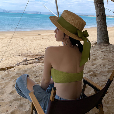 Summer Beach Vacation Straw Women's French Green Bow Flat Top Small Fresh Sun Protection Hat_voghion.com