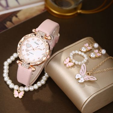 Jewelry Sets Sweet Round Dial Frosted Leather Strap Watch Pearl Butterfly Jewelry Set_voghion.com