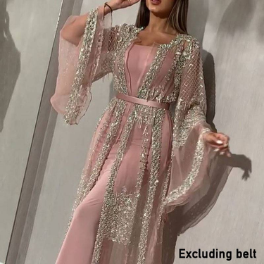 Women's Gold Stamped Evening Dress - Elegant Long Swing Dress With Shawl For Banquet & Special Occasions_voghion.com