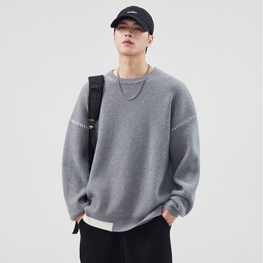 Gray High-End Sweater For Men New Autumn Winter Patchwork Warm Loose Round Neck Pullover Knitwear_voghion.com