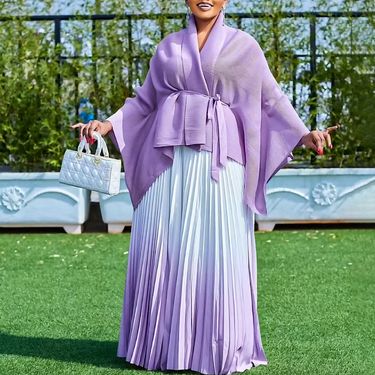 Women's Clothing D536 Autumn Large Size Fashion Elegant Bat Sleeve Top Gradient Color Skirt Two Piece Set_voghion.com