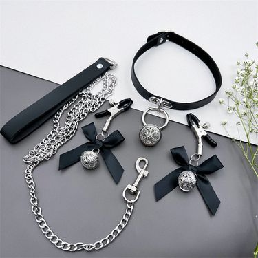 Women Nipple Clamps Pleasure Toy Set With Bells Collar Leash For Sensual Play_voghion.com