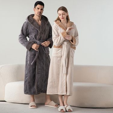 Women's long nightgown autumn and winter large size bathrobe flannel pajamas men and women nightgown thick bathrobe pajamas women_voghion.com