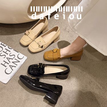 Patent Loafers For Women 2025 Spring Summer Low Square Toe Chunky Heel Classic Small Leather Shoes College Style_voghion.com