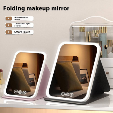 Foldable LED Vanity Mirror With 3-Color Lighting & Touch Control - Portable Makeup Mirror For Home, Office & Travel (Black/White/Pink)_voghion.com