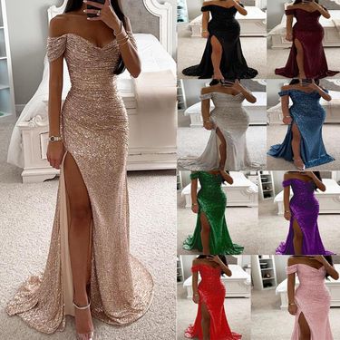 Women's Clothing Sparkling Slit Party Dress - Off Shoulder Glitter Dress For Women, Elegant & Stylish, Comfortable & Flowy, Perfect For Night Out_voghion.com