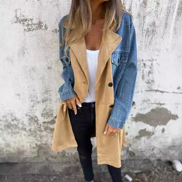 Women's Clothing 2024 autumn and winter new suit collar denim splicing mid length coat for women_voghion.com