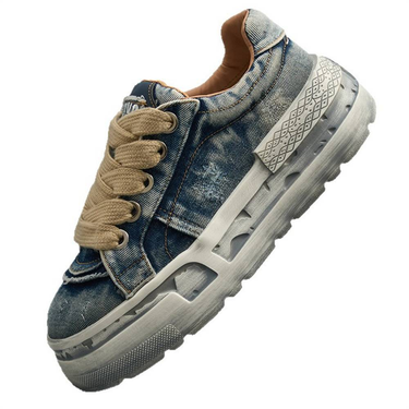 2025 Fashion Sneakers Men's Low Top Lace-Up Thick Sole Increase Height Non-Slip Wear-Resistant Vintage Washed Denim Running Shoes_voghion.com
