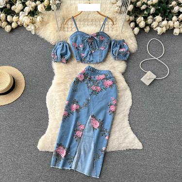 Women's fashion outside wear high-waisted split skirt two-piece set_voghion.com
