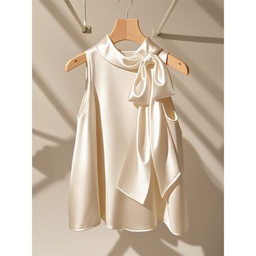 Women's Clothing High End Chic Champagne White Satin Halter Neck Top Female Light Mature Niche Bow Sleeveless Shirt_voghion.com