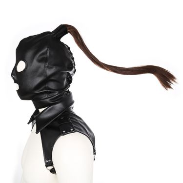 Sex Products Couple Toys Wig Braid Black Leather Exposed Eye Leaking Mouth Mask_voghion.com