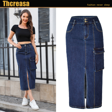 Women's clothing pocket high-waisted slim-fit hip-slit front slit women's skirt denim skirt long dark blue_voghion.com