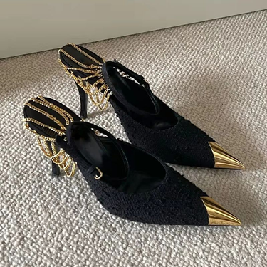 p9spring new style black high heels sexy pointed golden iron toe braided stiletto single fairy shoes_voghion.com