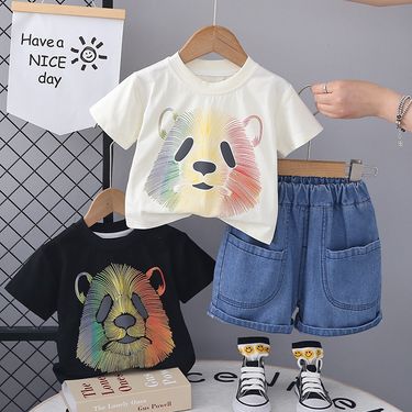 2024 New Korean Wear Panda Round Neck Baby Short Sleeve Summer Boys' Shorts Children's Set_viptrois.com