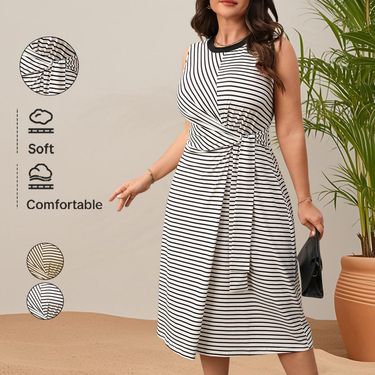 Women's Clothing Temperament Elegant High Waist Round Neck Loose Striped Dress_voghion.com