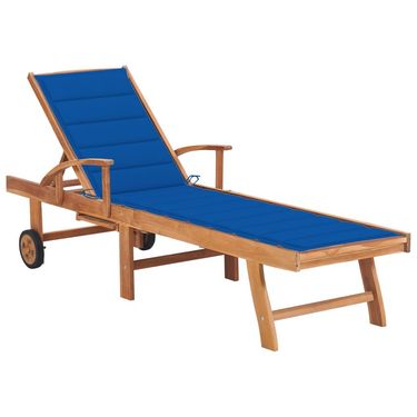 Sun Lounger with Royal Blue Cushion Solid Teak Wood_voghion.com