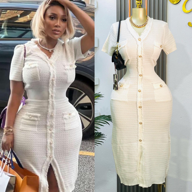 Women's Clothing French style short sleeved waist slim V neck knitted dress women's buttoned temperament skirt_voghion.com