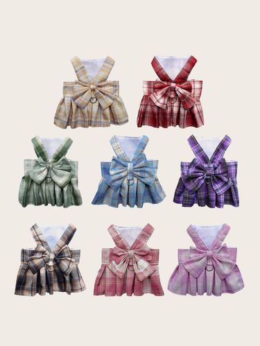 1 Piece Of Pet JK Plaid Skirt & Plaid Vest Traction Outfit, Suitable For Teddy Dogs And Cats – An Outdoor Skirt With Harness And Dog Walking Leash_voghion.com
