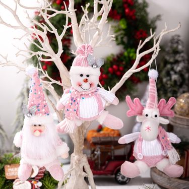 Pink Glitter Christmas Ornament Set - Santa Claus, Snowman & Reindeer Plush Hanging Decorations For Holiday Tree_voghion.com