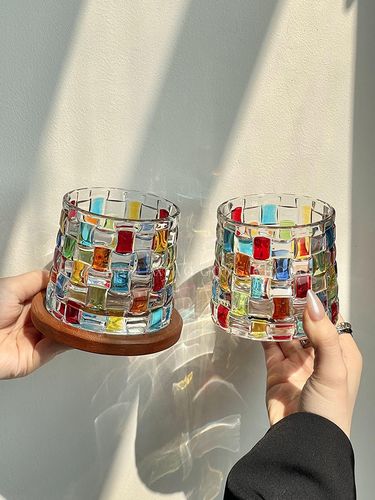 Refraction Rainbow Light Vintage Hand-painted Woven Rotating Whiskey Glass Juice Cup_voghion.com