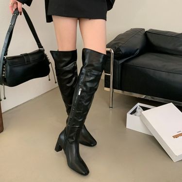 2025 Fall/Winter New Women's Patent Over-the-Knee Boots Pointed Toe Chunky Heel Long Boots_voghion.com
