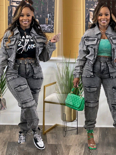 Women's Clothing fashion sexy high elastic multi pocket washed denim casual suit two piece suit_voghion.com