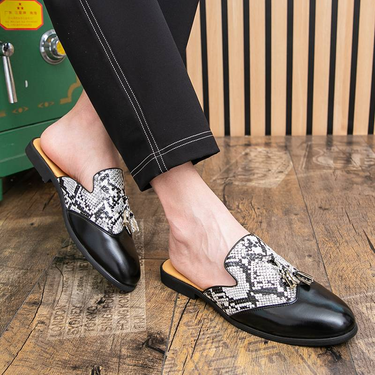 Summer Fashion Snake Pattern Half-slippers Men's Outdoor Casual Half-slippers Personalized Heel-free Slippers One-foot Pointed Toe Versatile Sandals_voghion.com