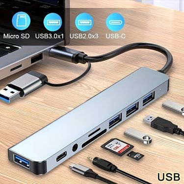 Space-Saving 8-in-1 USB Hub With Audio Jack, Multi-Port Adapter For Tablets, USB-Powered, 5V Operating Voltage, Compatible With Tablets_voghion.com