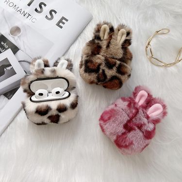 Korean Style Leopard Print Rabbit Ear Pro Earphone 2/3/4 Generation Bluetooth Plush Protective Case For Women_voghion.com