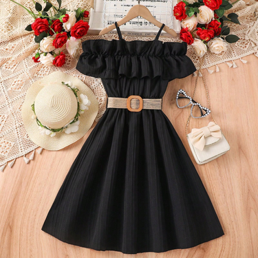 Mother&Kids Girls' skirt one-line shoulder strap patchwork lace dress for girls_voghion.com