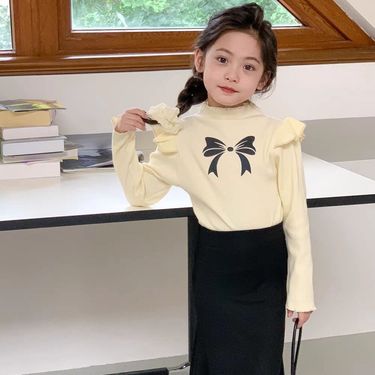 Kid's Clothing Girls long sleeved T-shirt autumn and winter new baby flying sleeves bow bottoming shirt children's sweet and stylish top T trend_viptrois.com