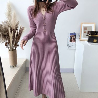 Intellectual knitted for women's autumn and winter new style loose plus size base woolen dress with pleats over the knee_voghion.com