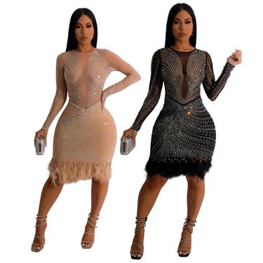 Women's Clothing Sexy see-through rhinestone long-sleeved dress _viptrois.com