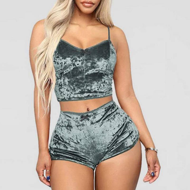 Women's Intimates Sexy Lingerie Gold Velvet Sexy Suspenders Shorts Pajamas Two Piece Set_voghion.com