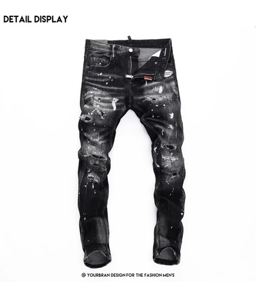 Men's Slim Fit Black Jeans With Waist Print Straight Leg Stretch Denim Pants For Casual Streetwear_voghion.com