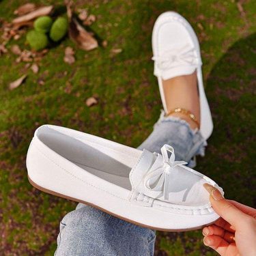 ShoeGlobe ShoeGlobe Spring And Autumn New Korean Style Loafers Single Work Nurse White Pregnant Women Bowknot Flat Women's Shoes_voghion.com