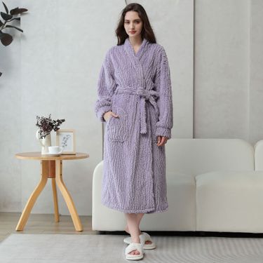 Women's Winter new comfortable cotton velvet long sleeve bark pattern jacquard nightgown thick warm long bathrobe home clothes_voghion.com