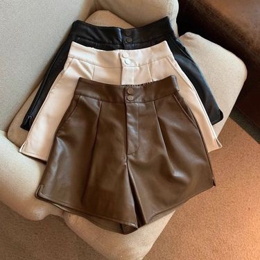 PU Leather Pants Hot Girl Solid Color Casual Shorts Women 2024 Small Petite Autumn Winter New High Waist Slimming_voghion.com