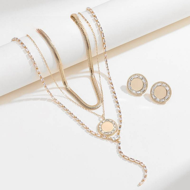 Metal Geometry Point drill combination necklace earrings Female Geometry drill chain round shield metal earrings_ipsvogv.com