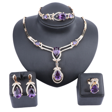 Women Gold Color Purple Zircon Crystal Necklace Bracelet Earring Ring Saudi Jewelry Set Party Bridal Decoration_ipsvogv.com