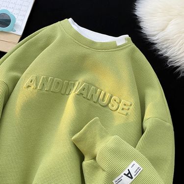Men's Clothing green sweatshirt men's trend ins waffle hoodless round neck two piece long sleeved T shirt oversize_voghion.com