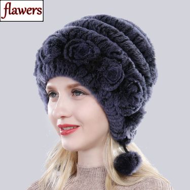 Natural Soft Knitted Hat Russia Women Winter 100% Genuine Caps Lady Warm Real Rex Rabbit Fur Hats_voghion.com