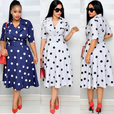 Women's Dress Suit Collar Polka Dot Mid-sleeve Splicing Large Size Large Hem Wide Belt Dress_voghion.com