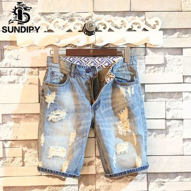 Men's Clothing Summer men's denim shorts slim version ins trend casual fashion beggar wear holes 5 five-point pants_voghion.com