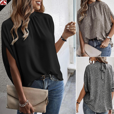 Women's Summer Bat Sleeve Top Leopard Print Strap Elegant Chiffon Shirt_voghion.com