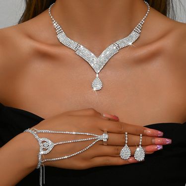 Women’s Jewelry Set Fashion Wedding Jewelry Necklace Earrings Bracelet Ring Jewelry Set Luxury Rhinestone Bridal Necklace_voghion.com